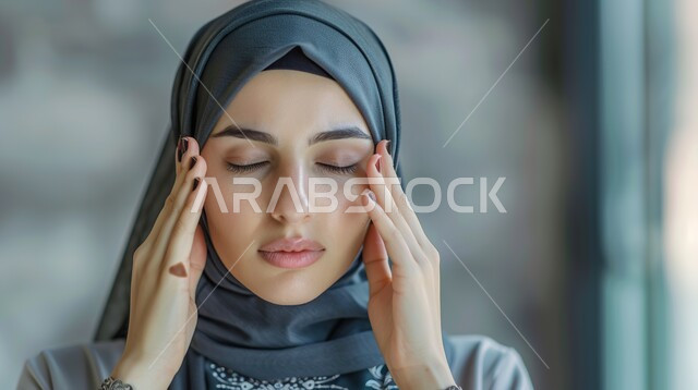 الشعور بالتعب والإرهاق، بورتريه مقرب لامرأة عربية خليجية سعودية محجبة تمسك رأسها بيديها بإيماءات الألم والصداع، الحاجة الى الراحة ومراجعة الطبيب، المعاناة من الأوجاع والآلام العصبية
