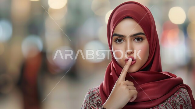مفهوم الأنوثة والاهتمام المظهر الخارجي, تعابير وجه تدل على الاندهاش والمفاجأة، صورة مقربة لشابة عربية خليجية سعودية محجبة تضع اصبعها السبابة على فمها بايماءات السكوت