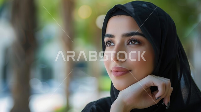 Absent-mindedness and looking at something, the concept of femininity and softness, interest in outward appearance, modern and elegant veiled fashion, strong Arab features, close-up of a Saudi Arabian Gulf woman wearing the veil, putting her hand on her chin with gestures of thinking, nature background
