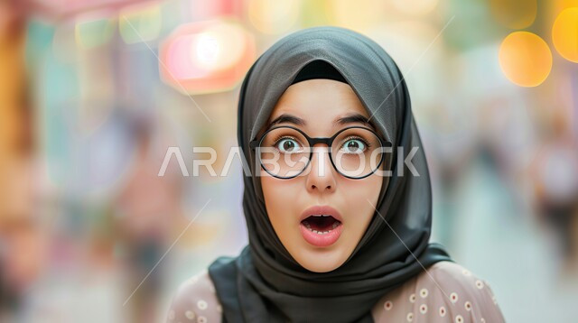 ايماءات تدل على الذهول لسماع خبر مفاجئ، الصدمة والتعجب من حصول أمر ما، صورة مقربة لامرأة عربية خليجية سعودية محجبة  تنظر إلى الكاميرا بتعابير الدهشة والخوف