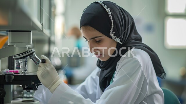 مختبرات الفحوصات الطبية والتحاليل الكيمائية، صورة مقربة لفتاة مخبرية ترتدي الكفوف المعقمة والمعطف الطبي تقوم بإجراء التجارب والبحوث العلمية عبر التكنولوجيا الحيوية، استعمال الأنابيب الزجاجية المعقمة لتحليل العينات المختلفة، معمل الصناعات الدوائية
