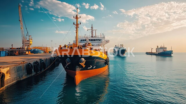 مفهوم التجارة والصناعة والاقتصاد البحري، استخدام الرافعات في تعبئة وشحن البضائع التجارية، ازدحام القوارب والسفن في ميناء بحري لنقل البضائع في المملكة العربية السعودية في وقت النهار، مرفأ تجاري لتوصيل السلع والمنتجات المحلية في البحار