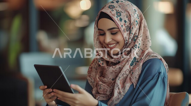 Using modern and advanced technical means to accomplish tasks, managing and organizing business at the company's headquarters, a comfortable work environment in the Kingdom's companies, women's office jobs and professions, a veiled Saudi Arabian Gulf woman working on a tablet in the office