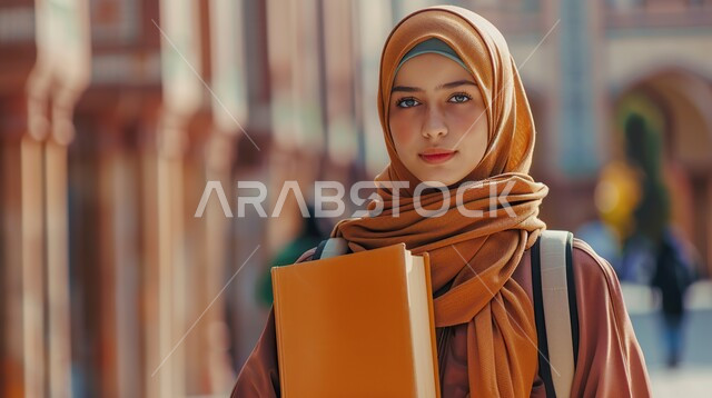Reading books in the university library, close-up of a smiling veiled Saudi Arabian Gulf young woman looking at the camera with gestures of pleasure, the concept of reading, culture and self-education, academic universities in the Kingdom of Saudi Arabia, advanced academic programs and colleges