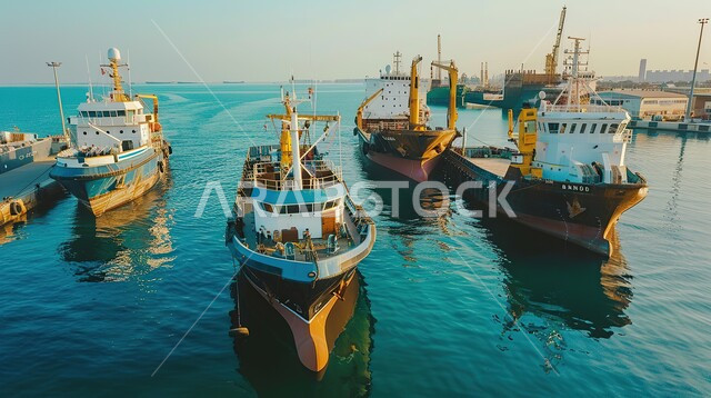 مفهوم التجارة والصناعة والاقتصاد البحري، استخدام الرافعات في تعبئة وشحن البضائع التجارية، ازدحام القوارب والسفن في ميناء بحري لنقل البضائع في المملكة العربية السعودية في وقت النهار، مرفأ تجاري لتوصيل السلع والمنتجات المحلية في البحار