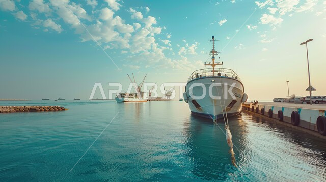 The concept of trade, industry and maritime economy, the use of cranes in packing and shipping commercial goods, the crowding of boats and ships in a seaport for transporting goods in the Kingdom of Saudi Arabia during the day, a commercial port for delivering goods and local products at sea