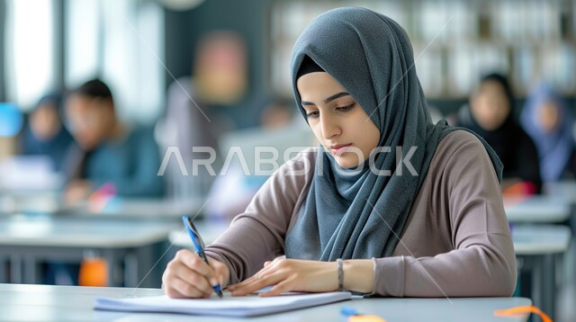 الحرص على التفوق والنجاح، المتابعة والتركيز على الدروس في الفصل الدراسي، صورة مقربة لشابة عربية خليجية سعودية محجبة تجلس على طاولة الدراسة تحمل بيدها قلم وتقوم بالكتابة، مفهوم التعليم في المملكة العربية السعودية