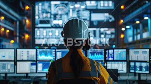 Following the financial market through modern electronic screens, a picture from the back of a Saudi Arabian Gulf woman looking at charts and statistics, the development of technology and technical devices, the development of computer networks and software systems