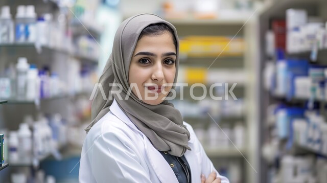 A view of the sunset on the soft golden sand and desert terrain, a picture from the back of an Arab Gulf Emirati man amid the hills and sand dunes in the desert of the Kingdom of Saudi Arabia, distinct natural landscapes  Receiving patients and providing the necessary treatment, a veiled Saudi Arab Gulf pharmacist wearing a medical coat and holding a medical file in her hand, performing professional duties with high quality, the concept of pharmacy and health care, gestures of happiness and plea