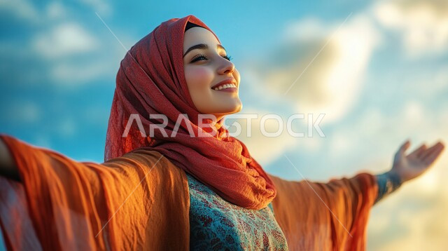 الأناقة والاهتمام بالمظهر الخارجي، حجابات نسائية عصريه حديثه, مفهوم الأنوثة والنعومة، صورة مقربة لإمرأة عربية خليجية سعودية مبتسمة ترتدي الحجاب ترفع يديها بإيماءات البهجة والسرور، خلفية السماء المليئة بالغيوم