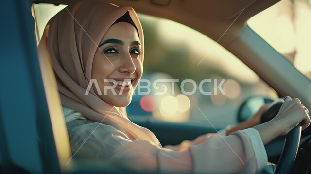 القيادة بحذر واتباع قواعد السلامة، قضاء وقت ممتع في الخارج، ايماءات السرور والسعادة، صورة مقربة لامرأة عربيه خليجية سعودية محجبه تضع نظارة شمسية تجلس في مقعد السيارة، مفهوم الاستقلال و الحرية و الاعتماد على النفس