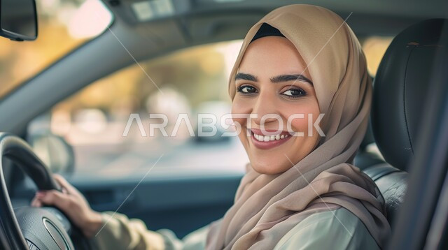 القيادة بحذر واتباع قواعد السلامة، قضاء وقت ممتع في الخارج، ايماءات السرور والسعادة، صورة مقربة لامرأة عربيه خليجية سعودية محجبه تضع نظارة شمسية تجلس في مقعد السيارة، مفهوم الاستقلال و الحرية و الاعتماد على النفس