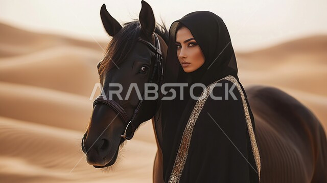 اتباع تقاليد الأجداد في رعاية وتربية الجياد العربية الأصيلة، إرث الأجداد في رعاية وتربية الخيول ,مفهوم الفروسية وهواية ركوب الخيل، النظر الى الكاميرا بتعابير الفخر, صورة مقربة لامرأة عربية خليجية سعودية محجبة ترتدي العباءه السوداء تقف بجانب فرس بني أصيل