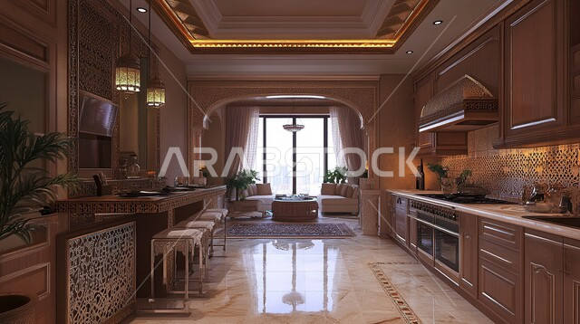 الديكورات العصرية للمطابخ الفاخرة في المملكة العربية السعودية، الأضواء المعلقة وتناسق الألوان, أثاث منزلي راقي، شقق وفلل سكنية مميزة، تصميم داخلي لمطبخ على الطراز الحديث بألأوان هادئة، فنادق ومنتجعات فخمة