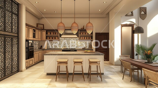 الديكورات العصرية للمطابخ الفاخرة في المملكة العربية السعودية، الأضواء المعلقة وتناسق الألوان, أثاث منزلي راقي، شقق وفلل سكنية مميزة، تصميم داخلي لمطبخ على الطراز الحديث بألأوان هادئة، فنادق ومنتجعات فخمة