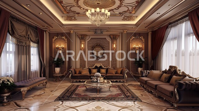 الديكورات الداخلية الراقية للفلل والشقق السكنية على الطراز الحديث في المملكة العربية السعودية، التصاميم الداخلية المميزة لغرف المعيشة، غرفة جلوس مع أثاث منزلي فاخر باللون البني، اكسسوارات وتحف عصرية