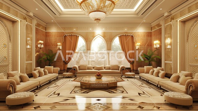 Luxury interior design for villas and apartments in modern style in Saudi Arabia, distinctive interior designs for living rooms, living room with luxury beige home furniture, modern accessories and antiques
