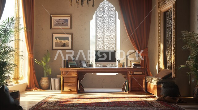 غرف مكتبية بتصاميم وديكورات داخلية فخمة، التصميم العصري الحديث للمكاتب في المملكة العربية السعودية، طاولة خشبية للدراسة والعمل، أثاث أنيق ومميز