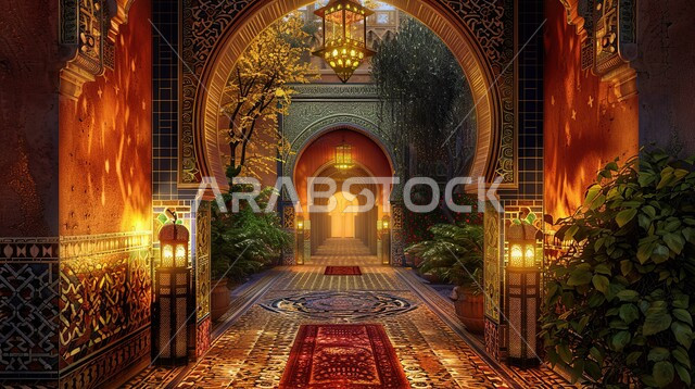 الأقواس التقليدية والزخارف النباتية لأحد المباني التاريخيه، الديكورات المميزة على الطراز العربي الإسلامي، الفوانيس المعدنية المضيئة داخل الممر، التصاميم الداخلية الراقية للمداخل في المملكة العربية السعودية