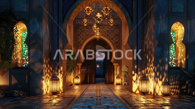 التصاميم الداخلية الراقية للمداخل في المملكة العربية السعودية، الأقواس التقليدية والزخارف النباتية لأحد المباني التاريخيه، الديكورات المميزة على الطراز العربي الإسلامي، الفوانيس المعدنية المضيئة داخل الممر