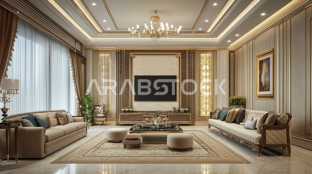الديكورات الداخلية الراقية للفلل والشقق السكنية الحديثة في المملكة العربية السعودية، التصاميم الداخلية المميزة لغرف المعيشة، غرفة جلوس مع أثاث منزلي فاخر باللون البيج، اكسسوارات وتحف عصرية