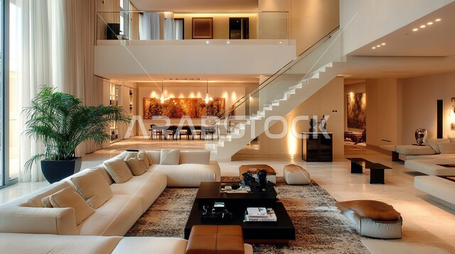 الديكورات الداخلية الراقية للفلل والشقق السكنية الحديثة في المملكة العربية السعودية، التصاميم الداخلية المميزة لغرف المعيشة، غرفة جلوس مع أثاث منزلي فاخر باللون الأبيض، اكسسوارات وتحف عصرية