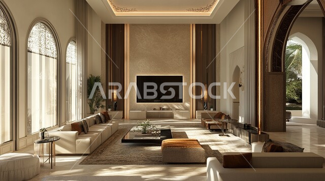 Upscale interior decorations for modern villas and residential apartments in Saudi Arabia, distinctive interior designs for living rooms, living room with luxurious white home furniture, modern accessories and antiques