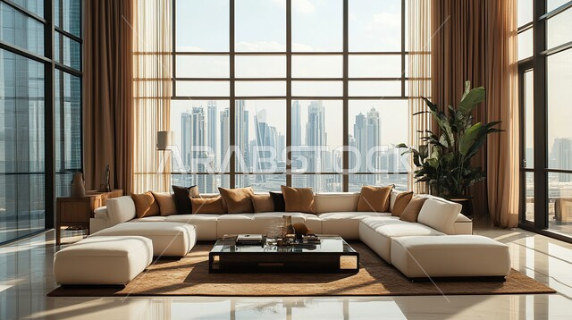 الديكورات الداخلية الراقية للفلل والشقق السكنية الحديثة في المملكة العربية السعودية، التصاميم الداخلية المميزة لغرف المعيشة، غرفة جلوس مع أثاث منزلي فاخر باللون الأبيض، اكسسوارات وتحف عصرية