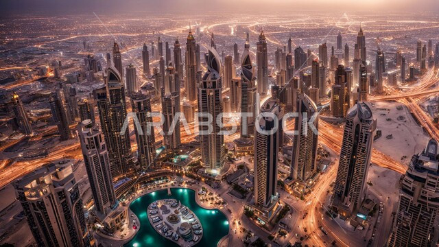 منظر تخيلي مستقبلي للتقدم و النمو العمراني للمباني والمنشآت التجارية الشاهقة في الامارات العربية المتحدة, رؤية مستقبلية 2031, الفن الهندسي المعماري للأبراج وناطحات السحاب, بناء مستقبل حضاري ومتطور