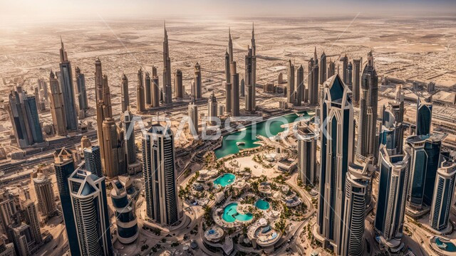 منظر تخيلي مستقبلي للتقدم و النمو العمراني للمباني والمنشآت التجارية الشاهقة في الامارات العربية المتحدة, رؤية مستقبلية 2031, الفن الهندسي المعماري للأبراج وناطحات السحاب, بناء مستقبل حضاري ومتطور