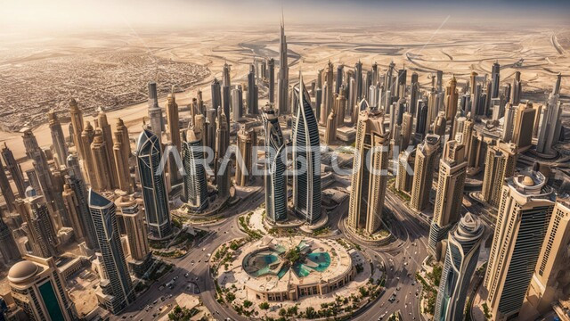 منظر تخيلي مستقبلي للتقدم و النمو العمراني للمباني والمنشآت التجارية الشاهقة في الامارات العربية المتحدة, رؤية مستقبلية 2031, الفن الهندسي المعماري للأبراج وناطحات السحاب, بناء مستقبل حضاري ومتطور