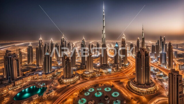 بناء مستقبل حضاري ومتطور، الفن الهندسي المعماري للأبراج وناطحات السحاب, رؤية مستقبلية 2031,  منظر تخيلي مستقبلي للتقدم و النمو العمراني للمباني والمنشآت التجارية الشاهقة في الامارات العربية المتحدة