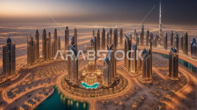 رؤية مستقبلية 2031, منظر تخيلي مستقبلي للتقدم و النمو العمراني للمباني والمنشآت التجارية الشاهقة في الامارات العربية المتحدة, الفن الهندسي المعماري للأبراج وناطحات السحاب, بناء مستقبل حضاري ومتطور