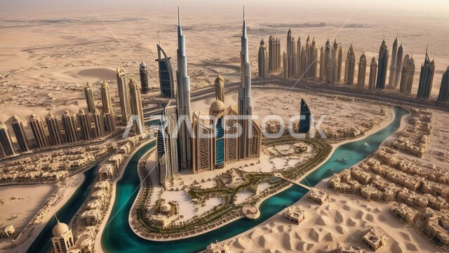 منظر تخيلي مستقبلي للتقدم و النمو العمراني للمباني والمنشآت التجارية الشاهقة في الامارات العربية المتحدة, رؤية مستقبلية 2031, الفن الهندسي المعماري للأبراج وناطحات السحاب, بناء مستقبل حضاري ومتطور