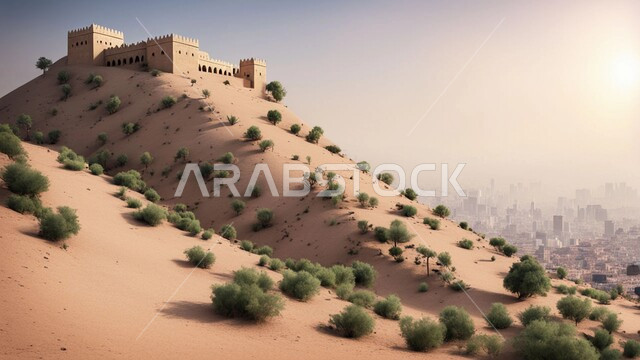 Hills and plateaus of soft golden sand, desert areas and the natural desert environment in the daytime, sand formations and formations in the desert of the Kingdom of Saudi Arabia, the growth of wild plants and herbs on the highlands and mountainous terrain and peaks in the prairies.