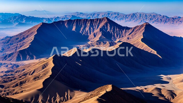 Rock and sand formations and formations in the desert of the Kingdom of Saudi Arabia, hills and plateaus of soft, golden sand, desert areas and the natural desert environment in the daytime, highlands, terrain and mountain peaks in the prairies.