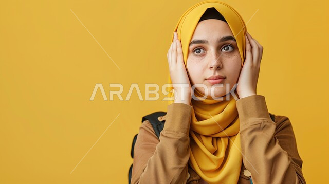 عدم الرغبة بسماع الأصوات، الانزعاج والتشوش من شيء ما، صورة بورتريه لشابة عربية خليجية سعودية محجبة ترتدي الحقيبة تقف بتعابير لا اريد السماع، إيماءات عدم الرغبة بالاستماع, خلفية صفراء