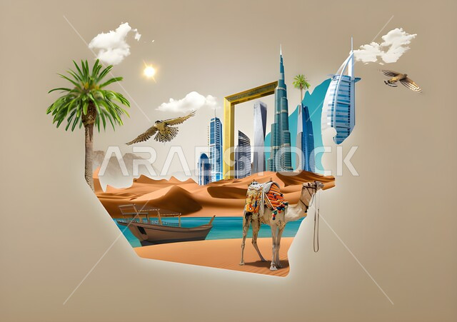 3D models of high-rise buildings, residential and commercial facilities on the map of the Emirates, famous landmarks and tourist places in the United Arab Emirates, attracting tourists from all over the world, architectural engineering art of building towers and skyscrapers, beige background