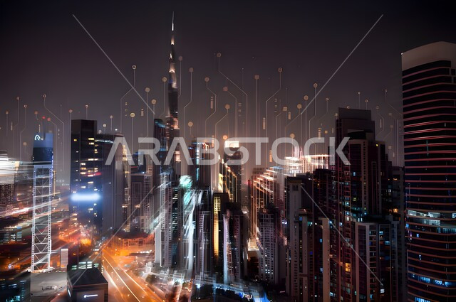 Architectural engineering art of building towers and skyscrapers, tall buildings and residential and commercial facilities illuminated at night, famous landmarks and tourist places in the United Arab Emirates, attracting tourists from all over the world