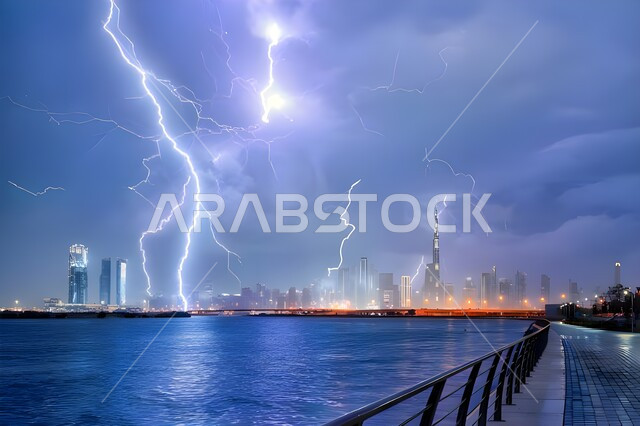 الطقس و الكوارث و الظواهر الطبيعية، منظر البرق و الرعد في سماء مدينة دبي، عاصفة رعدية تضرب الإمارات العربية المتحدة في وقت الليل, الأجواء الشتوية الباردة في الاماكن الساحلية