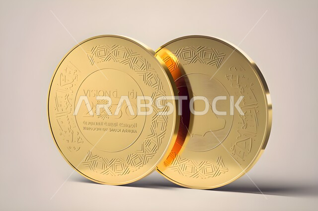 مفهوم الاستثمار المالي, النمو والأرباح و الوفرة المالية، رؤية سعودية مستقبلية 2030, التقدم و و تحقيق النهضة الاقتصادية في المملكة العربية السعودية, عملتان نقديتان ذهبيتان, خلفية رمادية