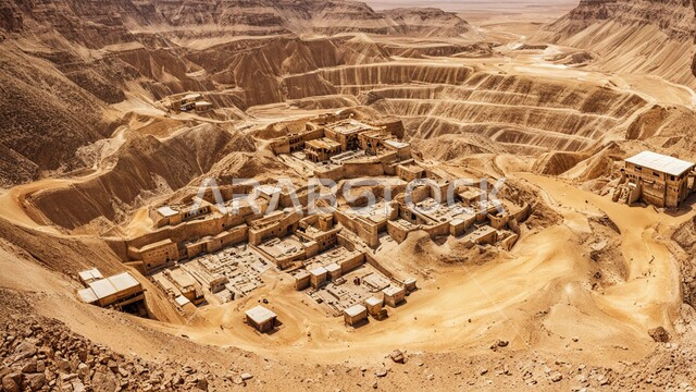 مناجم الذهب العربي الأصيل،  سهولة وصول الآليات الكبيرة إلى أعماق المنجم عبر المدرجات بسهولة،  تجمع المياه في بحيرة صغيرة بسبب عمليات الحفر،  مقلع ضخم في المناطق الصحراوية في المملكة العربية السعودية،  مناطق التنقيب عن الثروات الباطنية و استخراج الموارد الطبيعية