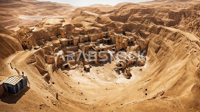 تجمع المياه في بحيرة صغيرة بسبب عمليات الحفر، مناجم الذهب العربي الأصيل،  سهولة وصول الآليات الكبيرة إلى أعماق المنجم عبر المدرجات بسهولة،  مقلع ضخم في المناطق الصحراوية في المملكة العربية السعودية،  مناطق التنقيب عن الثروات الباطنية و استخراج الموارد الطبيعية