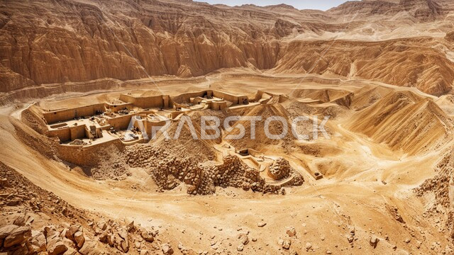 تجمع المياه في بحيرة صغيرة بسبب عمليات الحفر، مناجم الذهب العربي الأصيل،  سهولة وصول الآليات الكبيرة إلى أعماق المنجم عبر المدرجات بسهولة،  مقلع ضخم في المناطق الصحراوية في المملكة العربية السعودية،  مناطق التنقيب عن الثروات الباطنية و استخراج الموارد الطبيعية