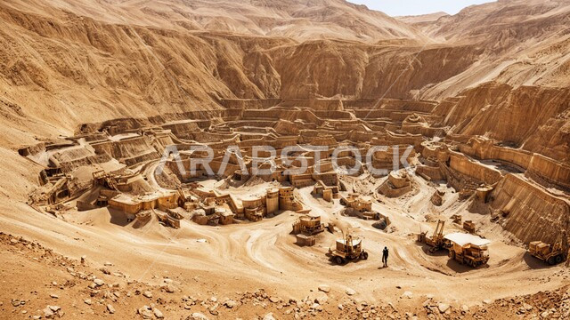 تجمع المياه في بحيرة صغيرة بسبب عمليات الحفر، مناجم الذهب العربي الأصيل،  سهولة وصول الآليات الكبيرة إلى أعماق المنجم عبر المدرجات بسهولة،  مقلع ضخم في المناطق الصحراوية في المملكة العربية السعودية،  مناطق التنقيب عن الثروات الباطنية و استخراج الموارد الطبيعية