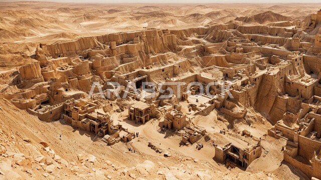 Water collects in a small lake due to drilling operations, authentic Arab gold mines, easy access of large machinery to the depths of the mine through the terraces easily, a huge quarry in the desert areas of the Kingdom of Saudi Arabia, areas of exploration for underground wealth and extraction of natural resources