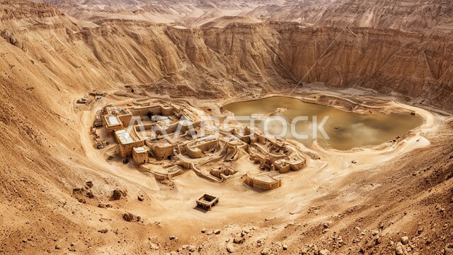 تجمع المياه في بحيرة صغيرة بسبب عمليات الحفر، مناجم الذهب العربي الأصيل،  سهولة وصول الآليات الكبيرة إلى أعماق المنجم عبر المدرجات بسهولة،  مقلع ضخم في المناطق الصحراوية في المملكة العربية السعودية،  مناطق التنقيب عن الثروات الباطنية و استخراج الموارد الطبيعية