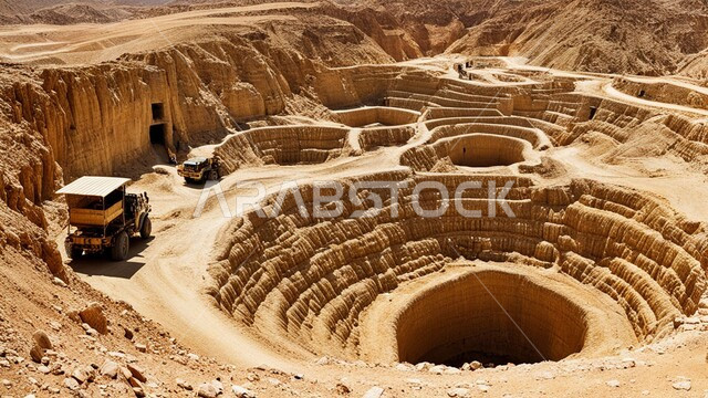 سهولة وصول الآليات الكبيرة إلى أعماق المنجم عبر المدرجات بسهولة،  مقلع ضخم في المناطق الصحراوية في المملكة العربية السعودية،  تجمع المياه في بحيرة صغيرة بسبب عمليات الحفر، مناجم الذهب العربي الأصيل،  مناطق التنقيب عن الثروات الباطنية و استخراج الموارد الطبيعية
