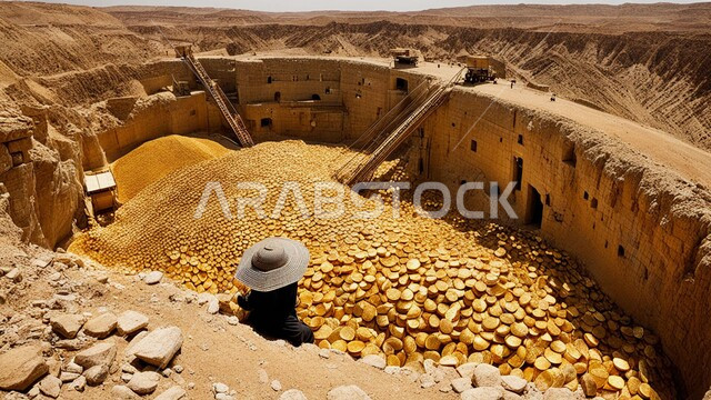 سهولة وصول الآليات الكبيرة إلى أعماق المنجم عبر المدرجات بسهولة،  مقلع ضخم في المناطق الصحراوية في المملكة العربية السعودية،  تجمع المياه في بحيرة صغيرة بسبب عمليات الحفر، مناجم الذهب العربي الأصيل،  مناطق التنقيب عن الثروات الباطنية و استخراج الموارد الطبيعية