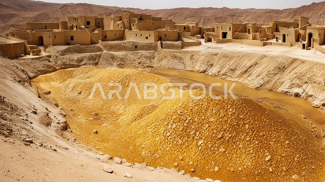 سهولة وصول الآليات الكبيرة إلى أعماق المنجم عبر المدرجات بسهولة،  مقلع ضخم في المناطق الصحراوية في المملكة العربية السعودية،  تجمع المياه في بحيرة صغيرة بسبب عمليات الحفر، مناجم الذهب العربي الأصيل،  مناطق التنقيب عن الثروات الباطنية و استخراج الموارد الطبيعية